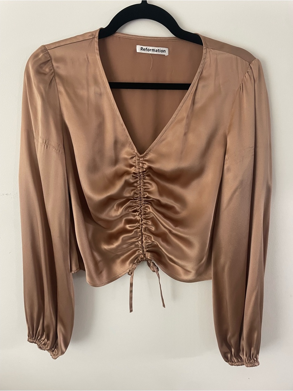 Reformation Bronze Satin Ruched V-Neck Long Sleeve Top